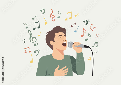 Man singing into a microphone with musical notes floating around.