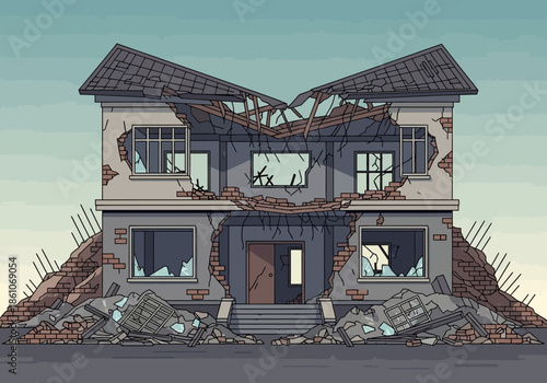 Ruined house with broken windows and damaged roof, debris scattered around.