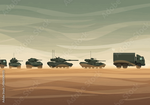 Military vehicles including tanks and a truck moving in a line.