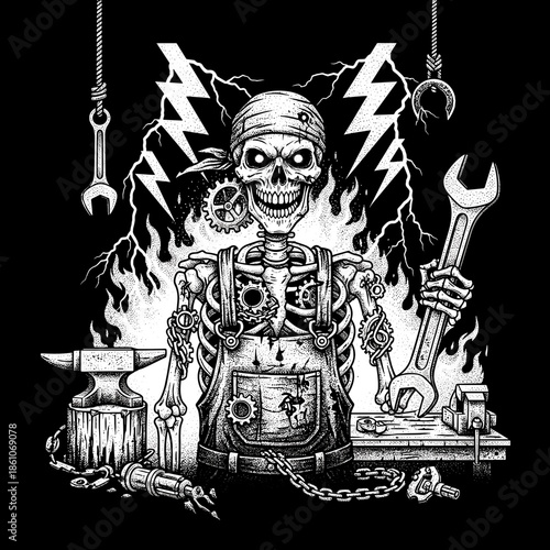 Skeleton Mechanic Holding Wrench and Tools in Workshop.