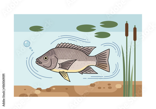 A fish swims in water with lily pads and reeds.