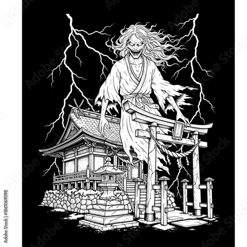 Scary ghost emerging from a Japanese shrine during a lightning storm.