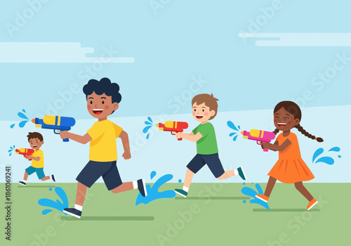 Children running and playing with water guns on a grassy field.