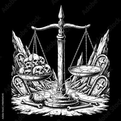 Scales of Justice holding skulls and water with bones and tombstones.