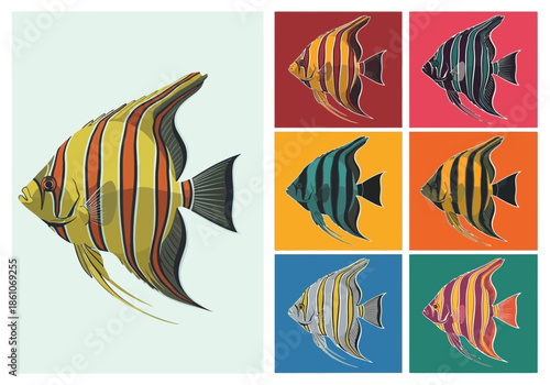 A striped angelfish shown in multiple colorful square panels.