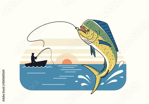 Fisherman in boat catches jumping dolphin fish with fishing rod.