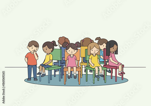 Children sitting on chairs in a circle, one boy standing apart.