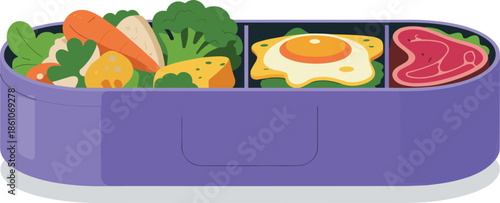 Healthy Balanced Meal in Purple Bento Lunch Box with Fresh Vegetables Broccoli Carrots Fried Egg and Steak Meat Cartoon Illustration