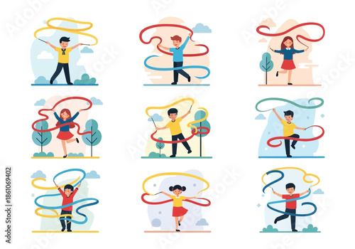 Children performing rhythmic gymnastics with colorful ribbons.