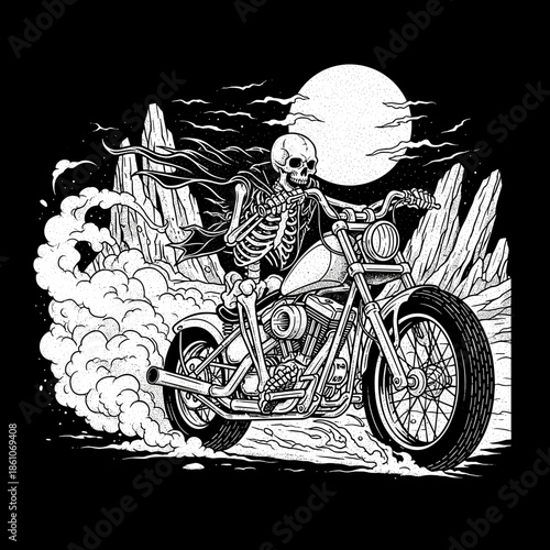 Skeleton Rider on Motorcycle with Flowing Cape.