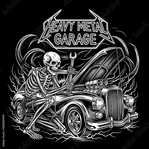 Skeleton Mechanic Working on Vintage Hot Rod Car.