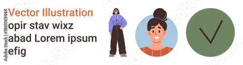 Diversity, identity , design assets, approval concepts, branding, lifestyle. Features a full-body character, a profile portrait and a checkmark in a minimalist aesthetic. Diversity and identity