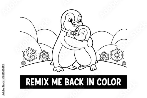 A black and white illustration of two penguins hugging with snowflakes and text