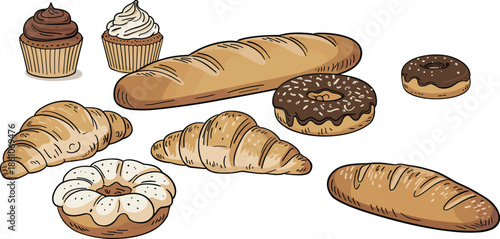 Large collection of bakery icons featuring french baguettes chocolate donuts glazed donuts croissants and sweet cupcakes isolated on white background