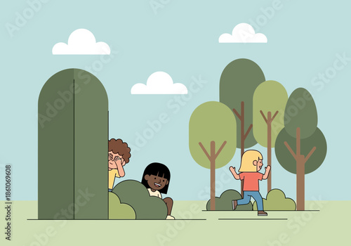 Children playing hide and seek in a park with trees and clouds.