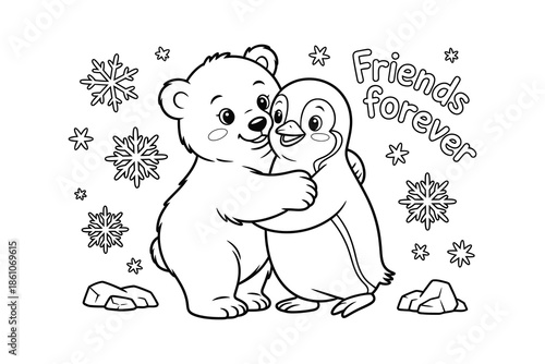 A heartwarming illustration of a bear and penguin hugging in the snow