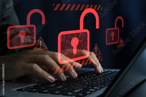 Hacking and system intrusion. Unauthorized access and account takeover. Unlocked padlock icons. Hacker using laptop computer to steal data.