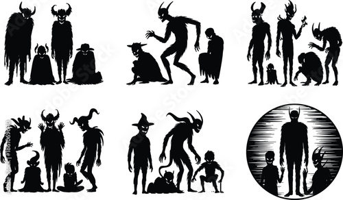Demonic creature silhouettes horror fantasy monsters dark mythology illustration isolated on white background scary characters vector art collection design