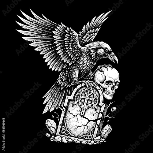 A detailed illustration of a raven perched on a tombstone with a skull.