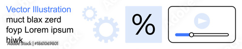 Data analysis, technology interaction, media tools, business innovation, user interface, progress tracking. Gears, percentage symbol play button with loading bar. Data analysis and technology