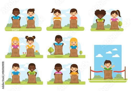 Children participating in sack races outdoors with grass and trees.