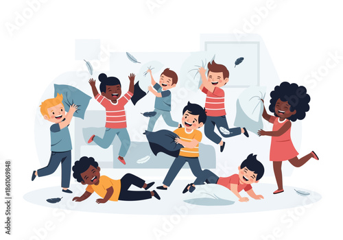 Children joyfully engage in a lively pillow fight, throwing pillows and having fun.