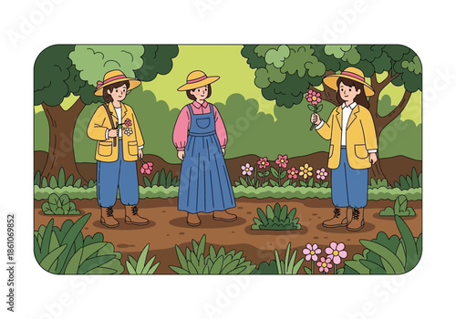 Three women in straw hats tending to flowers in a garden.