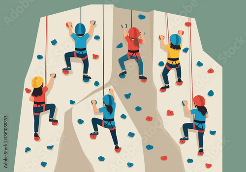 People climbing an indoor rock wall with colorful holds.