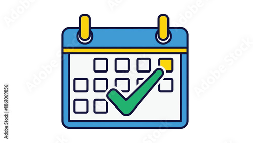 Calendar icon depicting a successfully completed task appointment or scheduled event marked with a prominent green checkmark symbol indicating confirmation