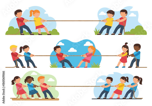Children playing tug of war in teams outdoors.