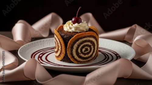 Elegant chocolate swiss roll slice with cream swirl and cherry on top, presented on a white plate with decorative sauce swirls and soft pink ribbons
