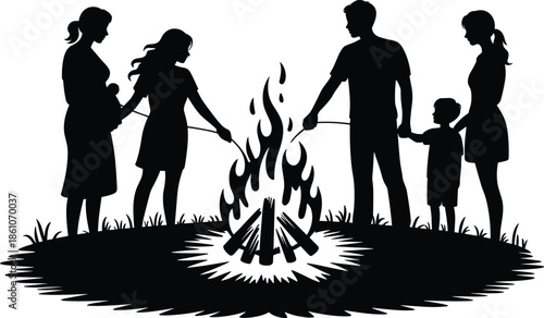 Family campfire silhouette parents children roasting marshmallows outdoor bonding illustration isolated on white background camping lifestyle vector art design concept