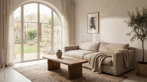 Bright and Inviting Living Room with Modern Neutral Sofa and Natural Light Streaming In