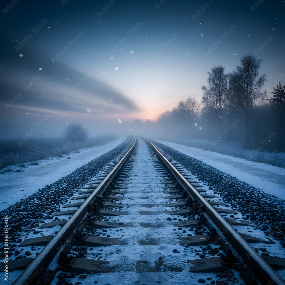 Fototapeta premium Snowy Railroad Tracks Leading to Horizon at Dusk