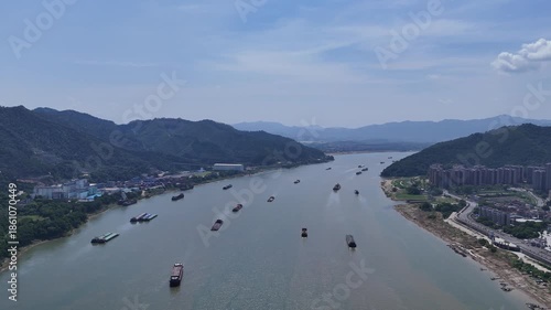 Aerial Xi Jiang River Zhaoqing Guangdong with Cargo Vessels and Mountains
