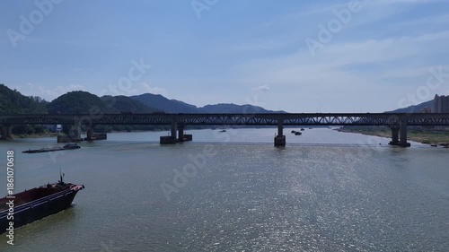 Xi Jiang River Bridge and Vessels in Zhaoqing, Guangdong, China