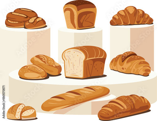 Title Large artisan bakery collection featuring french baguette braided challah loaf crusty round bread and wheat stalks isolated on white