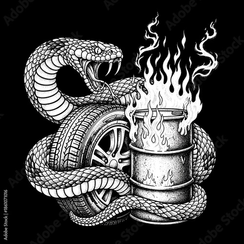 Snake coiled around a burning barrel and car tire illustration.