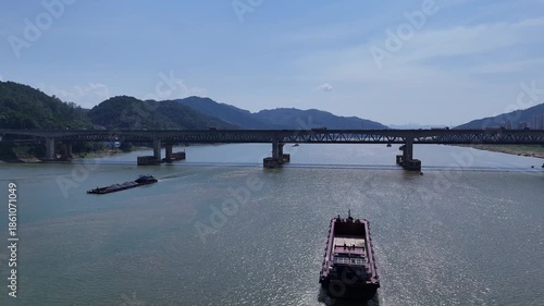 Cargo Vessels on Xi River, Zhaoqing Guangdong China Aerial Photo