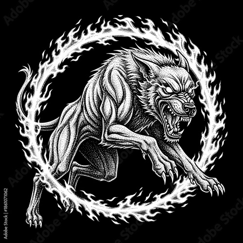 Fierce Werewolf Creature Emerging From Fiery Ring.