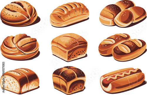 Title Large collection of artisan bakery products featuring french baguette croissants sourdough loaves and sweet fruit pastry isolated on white