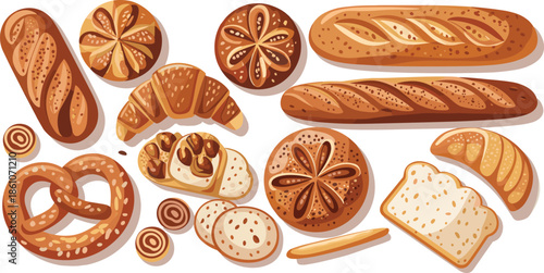 Title Large collection of bakery icons featuring french baguettes croissants pretzels seeded buns sliced white bread and sweet cinnamon rolls