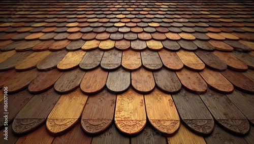 Wallpaper Mural Curved, patterned wooden roof tiles on brown surface Torontodigital.ca