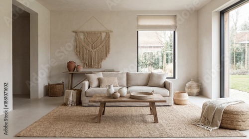 Minimalist Living Room with Natural Textiles and Neutral Colors in a Modern Home Interior