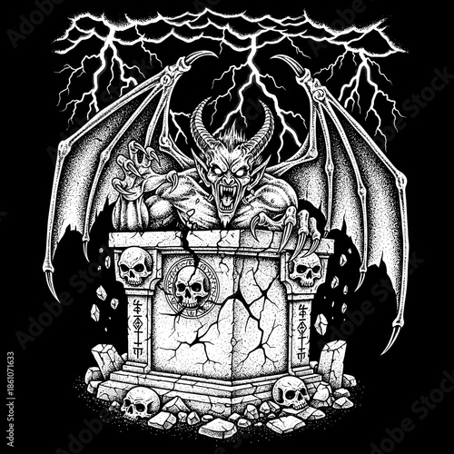 Demonic creature with horns and wings emerging from a stone altar.