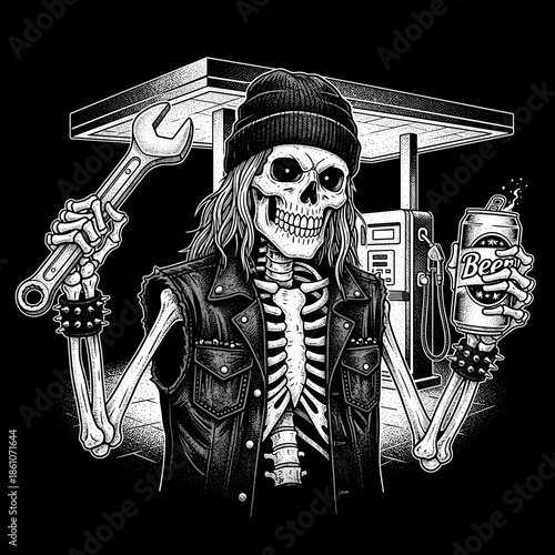 Skeleton Mechanic Holding Wrench and Beer Can.