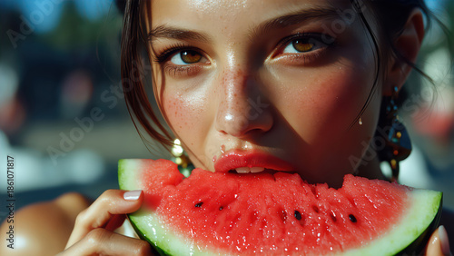 Young woman eating juicy watermelon under summer sun