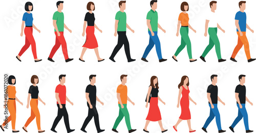 People walking sequence vector illustration set showing men and women in different walking poses for animation frames, movement concept, and character design projects
