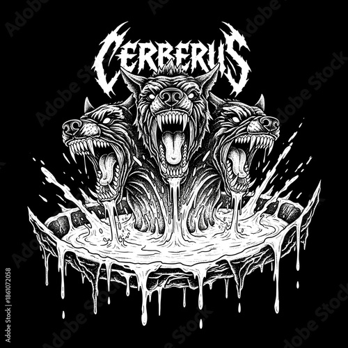 Three headed dog Cerberus emerging from water with fangs bared.