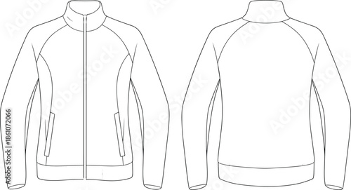 Vector technical flat sketch of a full zip raglan track jacket template, front and back view, blank apparel design mockup.